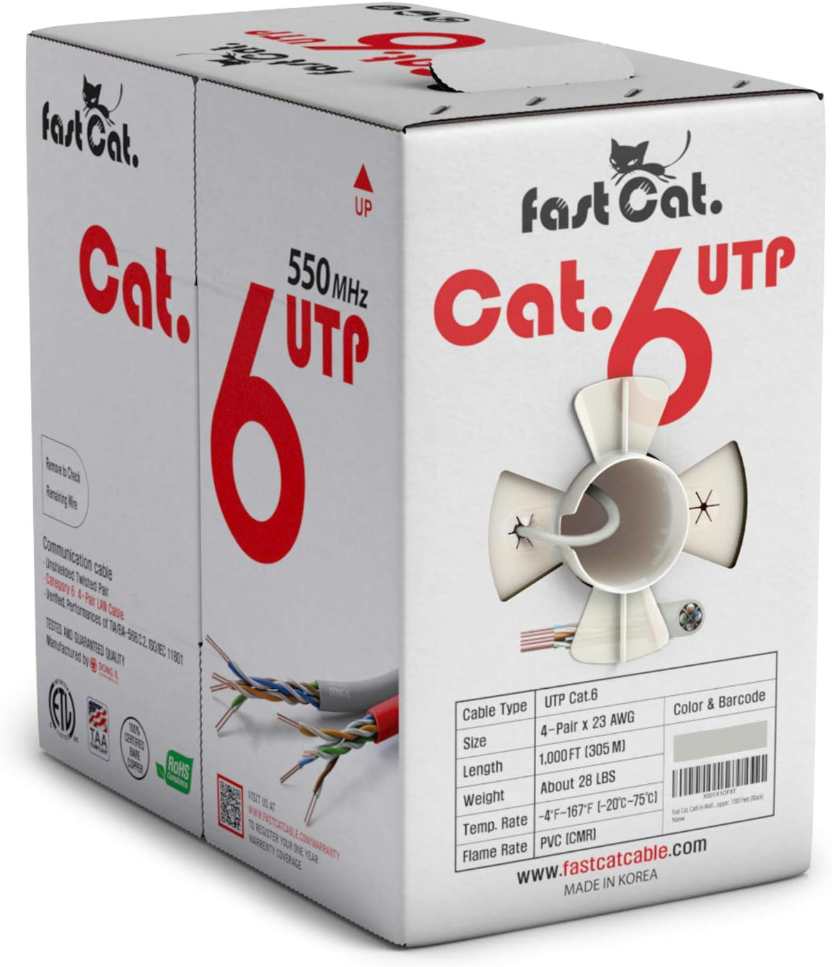 Cat6 Ethernet Cable 1000ft 23 AWG CMR Solid Bare Copper UTP LAN Cable White X8350