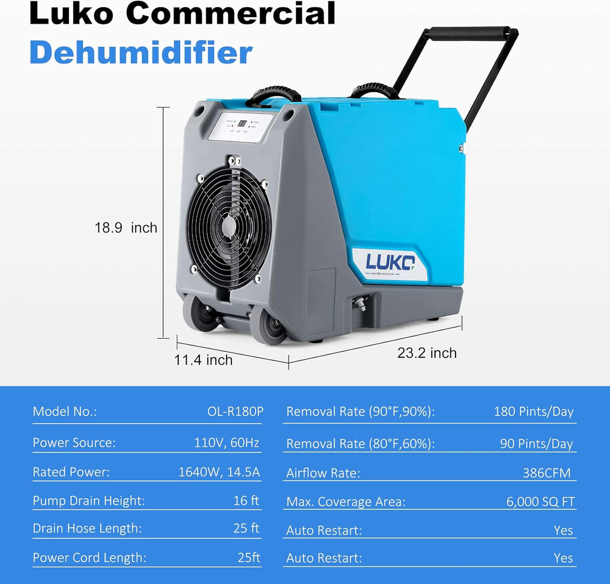 180 PPD Commercial Dehumidifier with Pump Drain Hose H8285