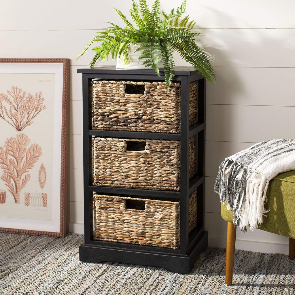 Distressed Black 3 Wicker Basket Storage Side Table C1922