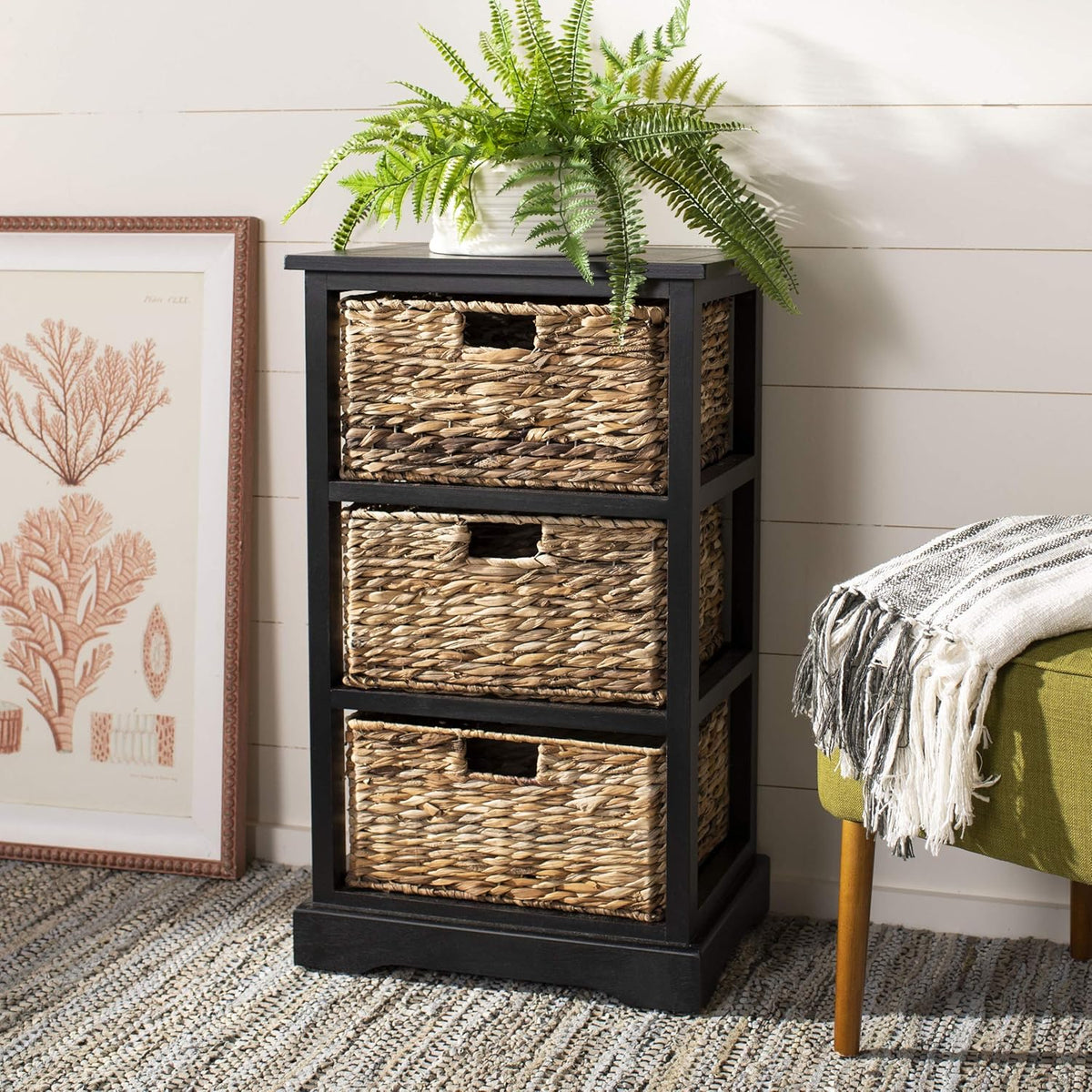 Distressed Black 3 Wicker Basket Storage Side Table C1922