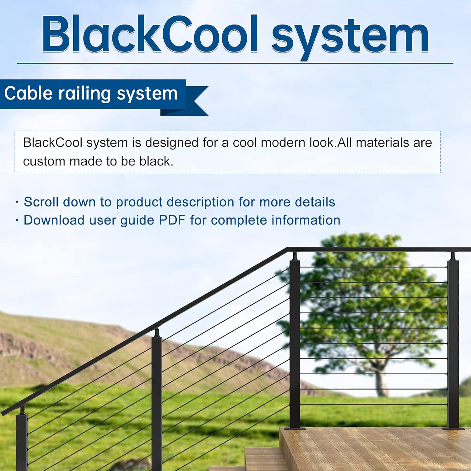 Black 30 Degree Stair Pre-Drilled Angle Holes 36x2x2 Stainless Steel Square Weldless Cable Railing Post W227866