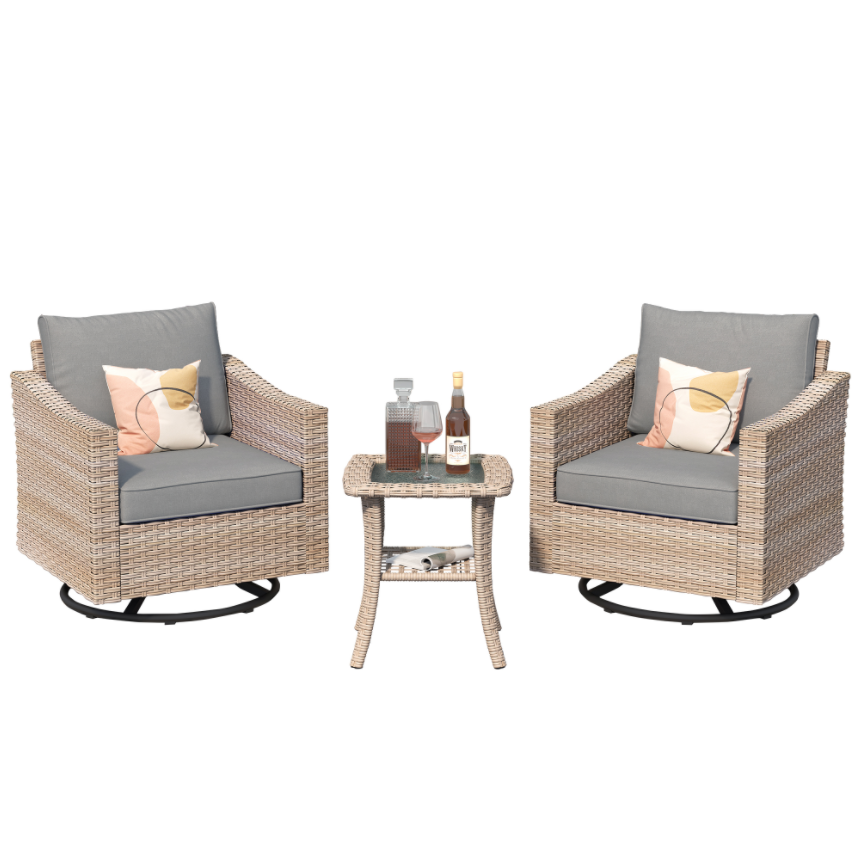 3 Pieces Patio Wicker Swivel Chairs with Cushions and Glass Top Table B79287