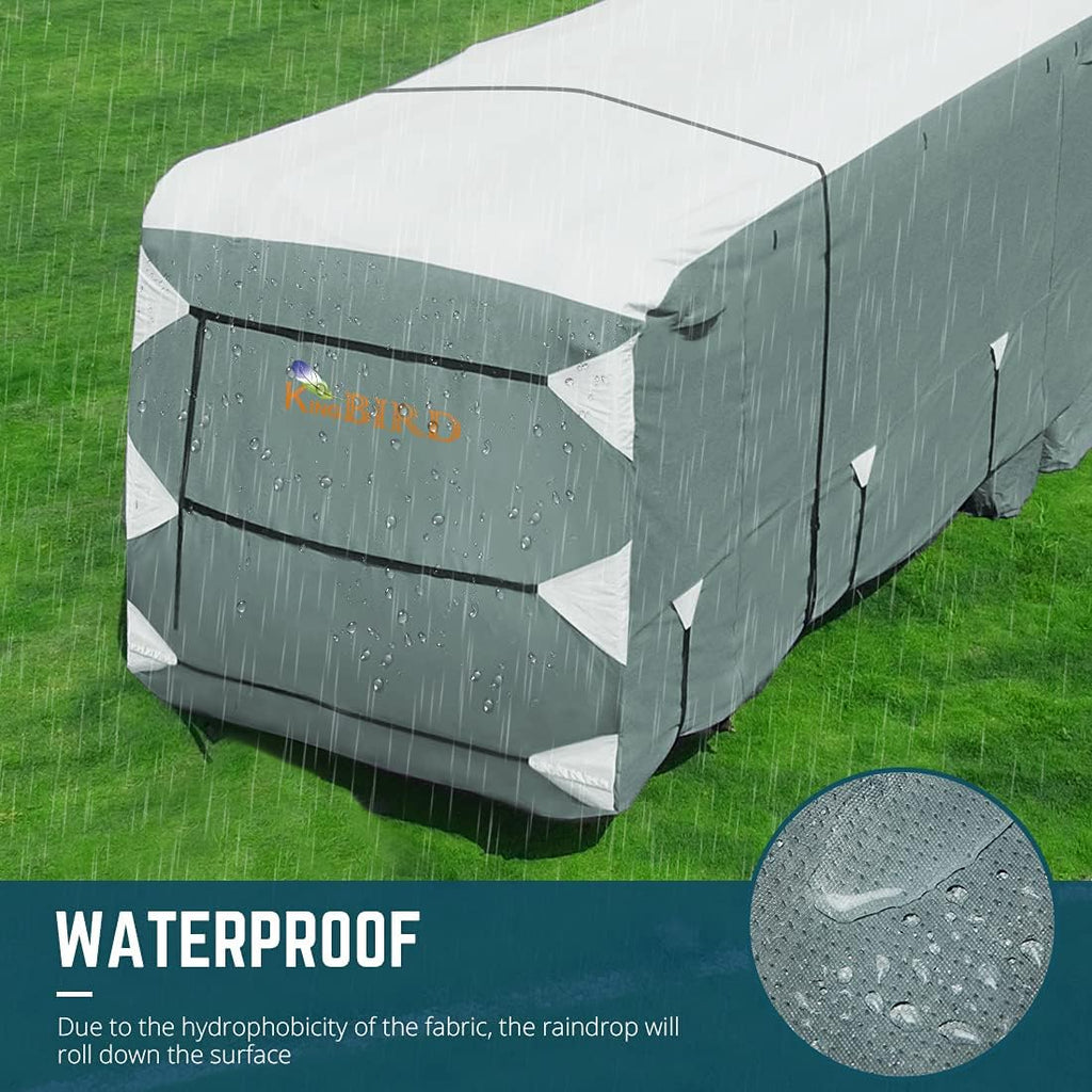 Extra-Thick 5 Layers Anti-UV Travel Trailer RV Cover with 2 Straps & 4 Tire Covers D82338