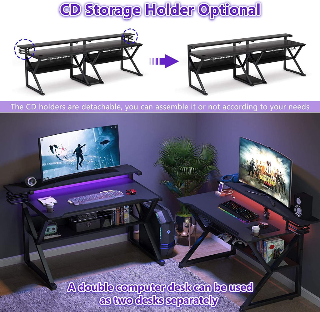 Double Gaming Desk with Hutch Monitor Stand Riser, 102-Inch Two Person Computer Desk with Storage Bookshelf B4359