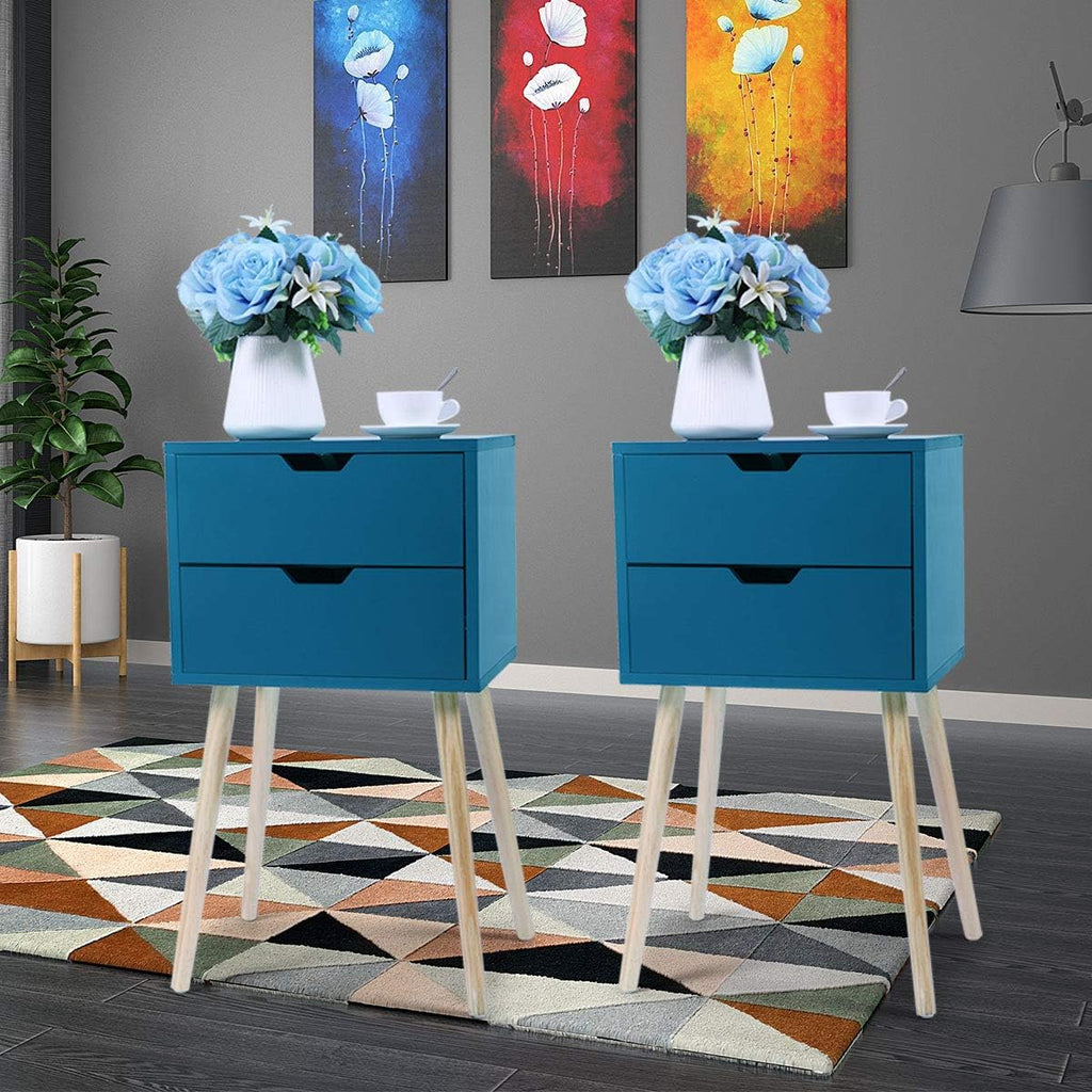 Set of 2 Blue Wood Nightstand with 2 Drawers T42017