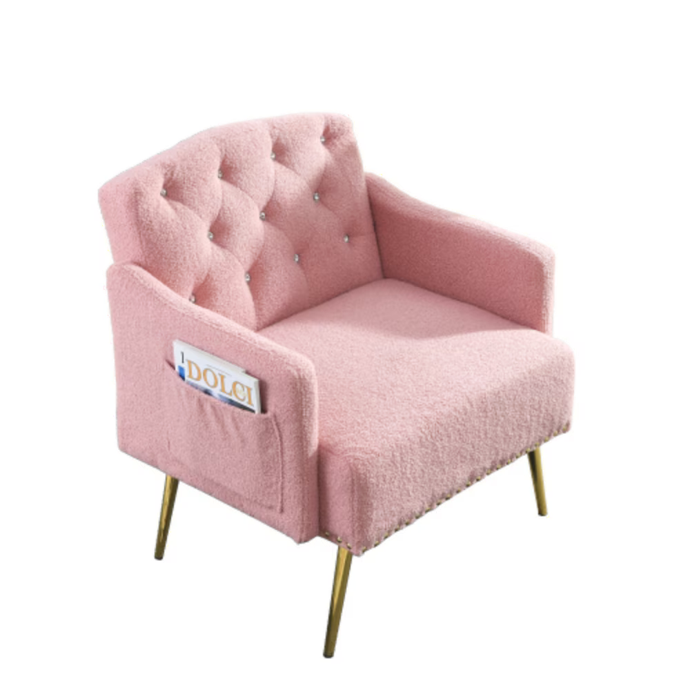 Pink Teddy Upholstered Chesterfield Chair with Gold Hardware Legs J96052