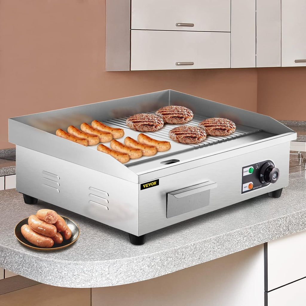 22" Commercial Electric Griddle, 1600W Flat Top Grill, Stainless Steel Countertop Griddle with Drip Hole E11477