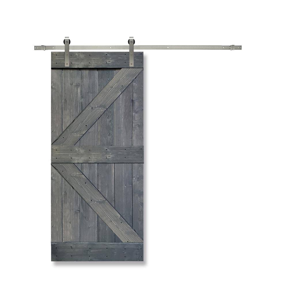 Gray Knotty Pine Wood Interior Sliding Barn Door with Stainless Steel Hardware Kit K87206