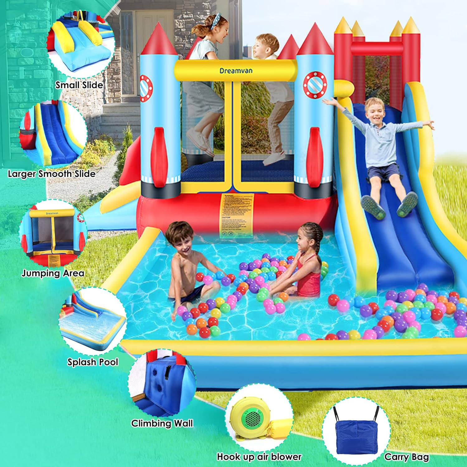 4-in-1 Children's Inflatable Bounce House with Pool and Slide E167102