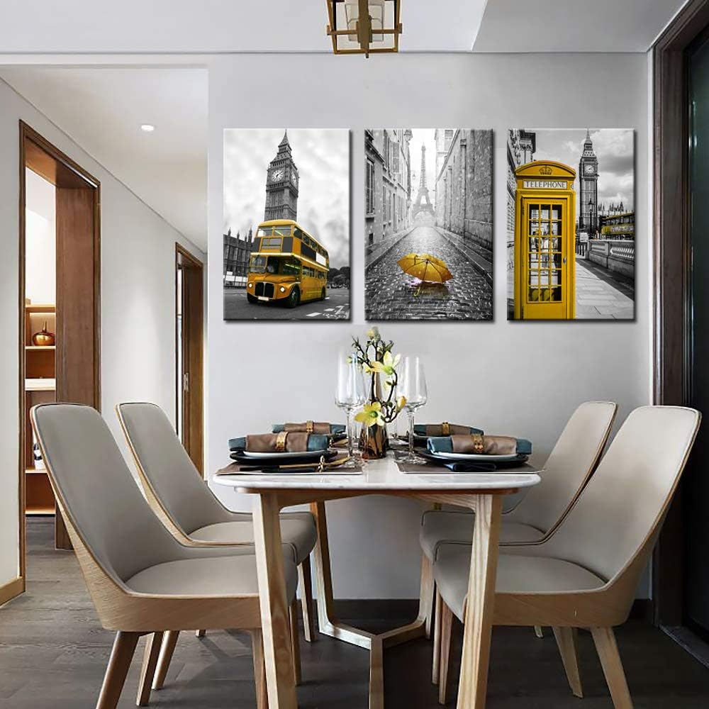 3 Panel City Wall Art Paris Eiffel Tower London Big Ben Canvas Black and Yellow Artwork X148634