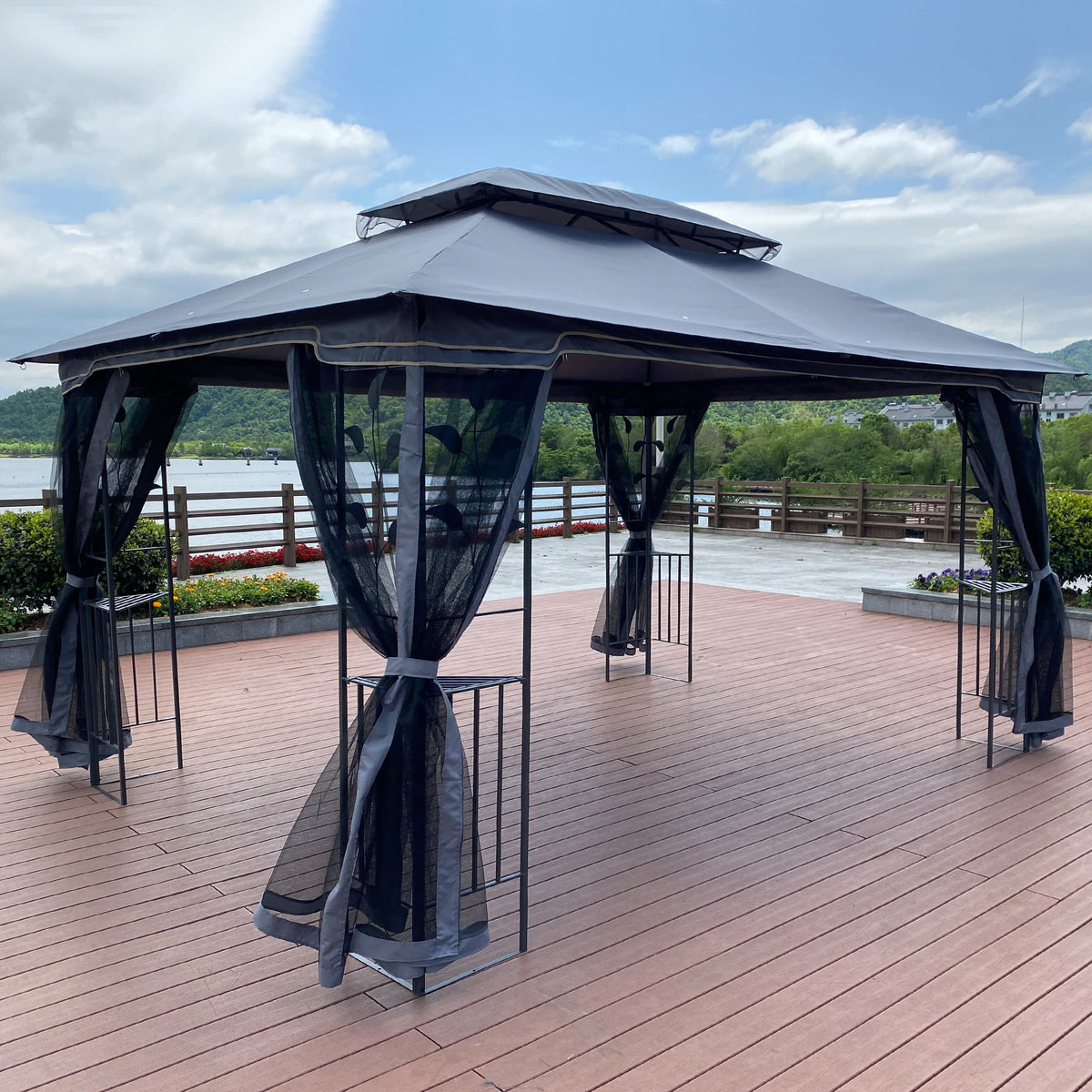 Gray Patio Gazebo Canopy Tent with Mosquito Net V11636