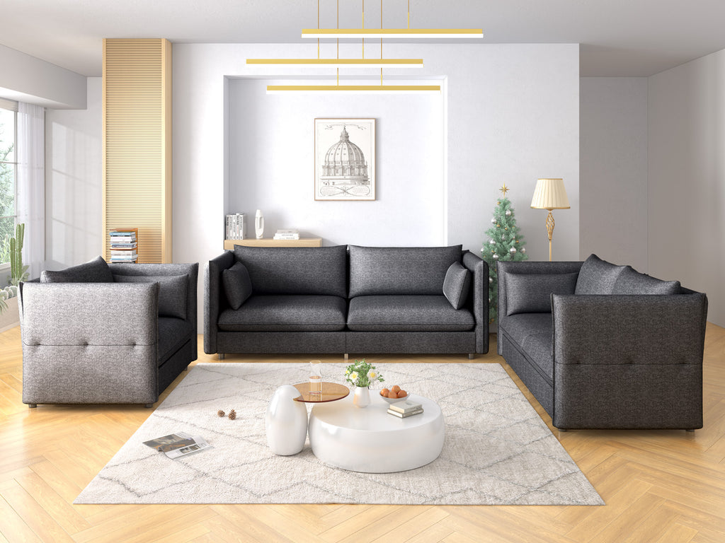 Modern 3 Pieces Linen Fleece Upholstered Sofa Set, Dark Grey A122