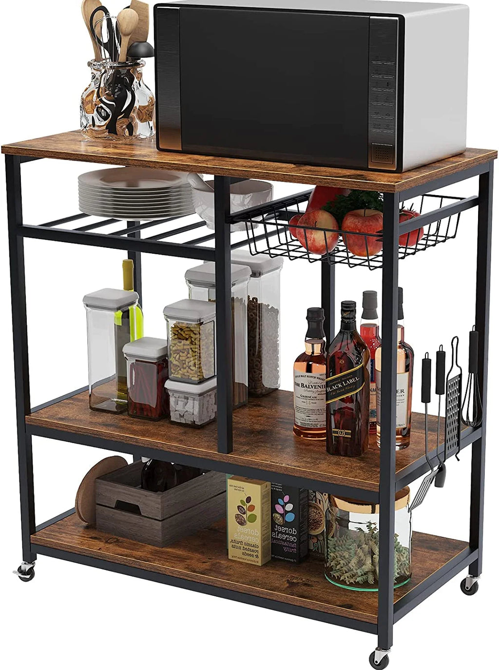 Black 3-Tier Baker's Rack Utility Shelf with Storage and Drawer E839564