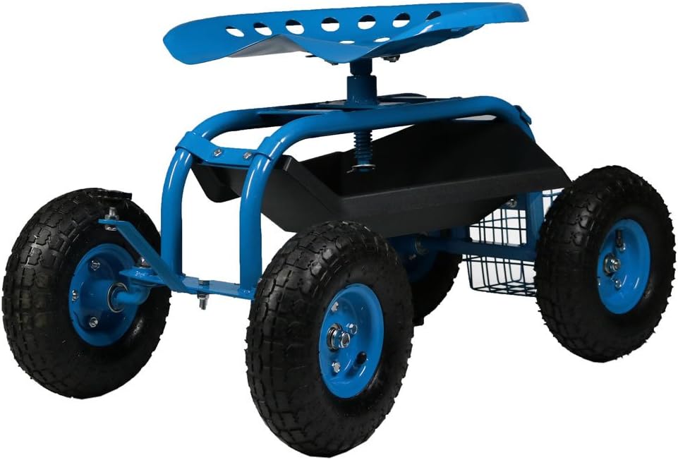 Green Rolling Gardening Chair Cart with Swivel Seat and Storage Basket I7979