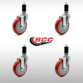 5” x 1.25x22 Stainless Steel Red Polyurethane Wheel Swivel Casters Set of 4 U102