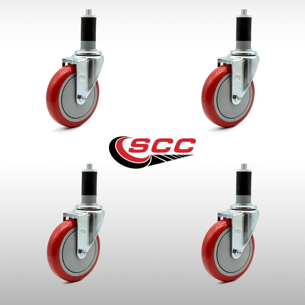 5” x 1.25x22 Stainless Steel Red Polyurethane Wheel Swivel Casters Set of 4 U102