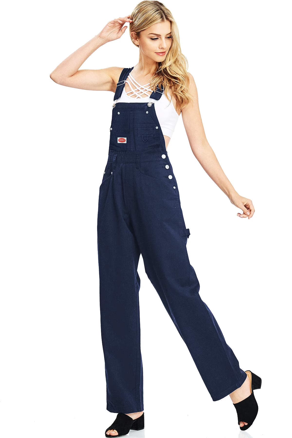 Navy Blue Baggy Straight Leg Twill Overalls Q11271