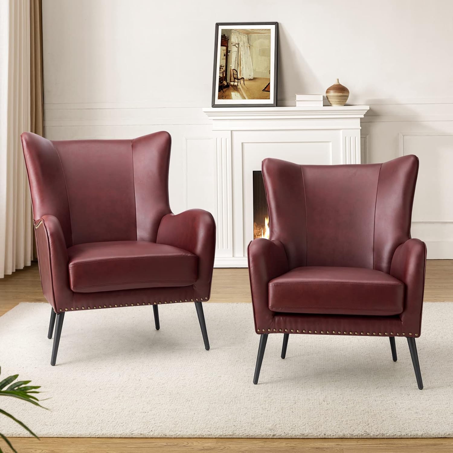 Burgundy Faux Leather Accent Chair Set of 2 with Removable Cushion G3074