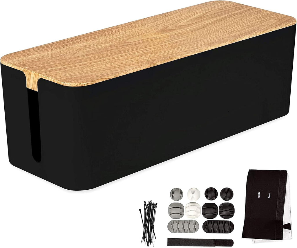 Cable Management Box with Dark Wood Top and White Cord Organizer W114