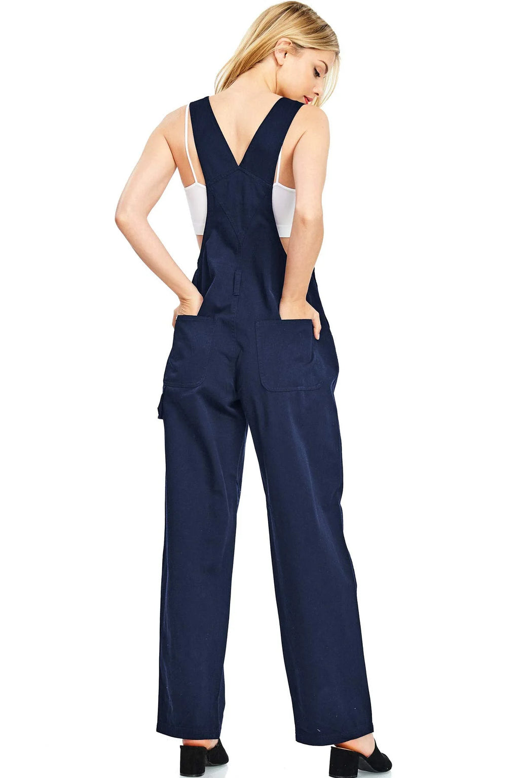 Navy Blue Baggy Straight Leg Twill Overalls Q11271