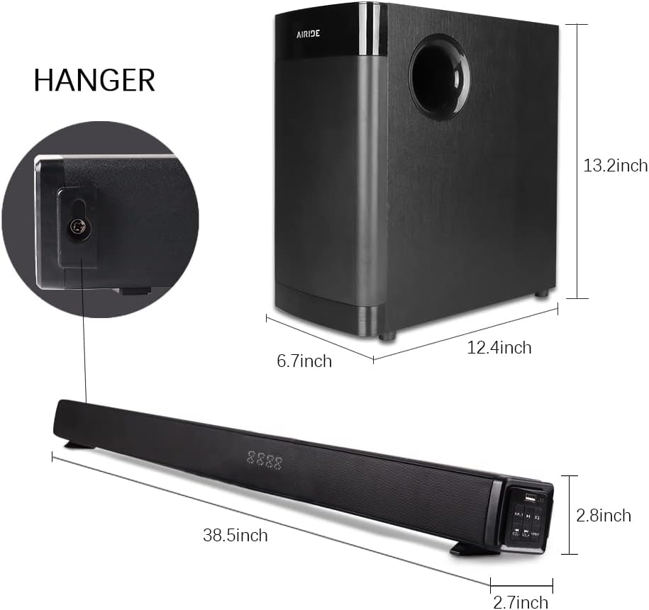38.5” 2.1 CH Sound Bar with 5.25 inch Subwoofer, Bluetooth 5.0, HDMI(ARC), Optical, COAXIAL, AUX, RCA, USB, Black W2514