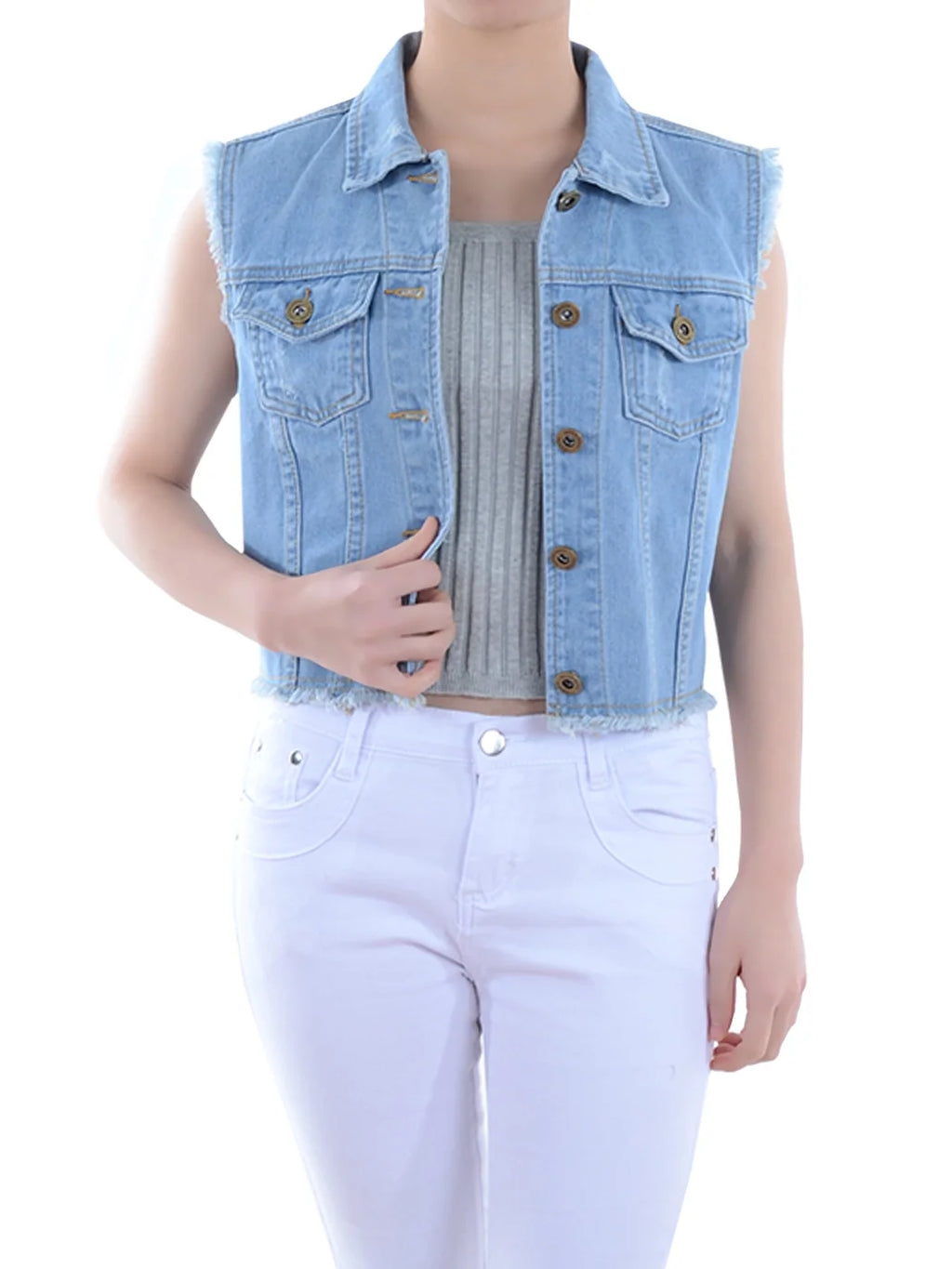 Distressed Denim Button Up Sleeveless Crop Vest Y248584