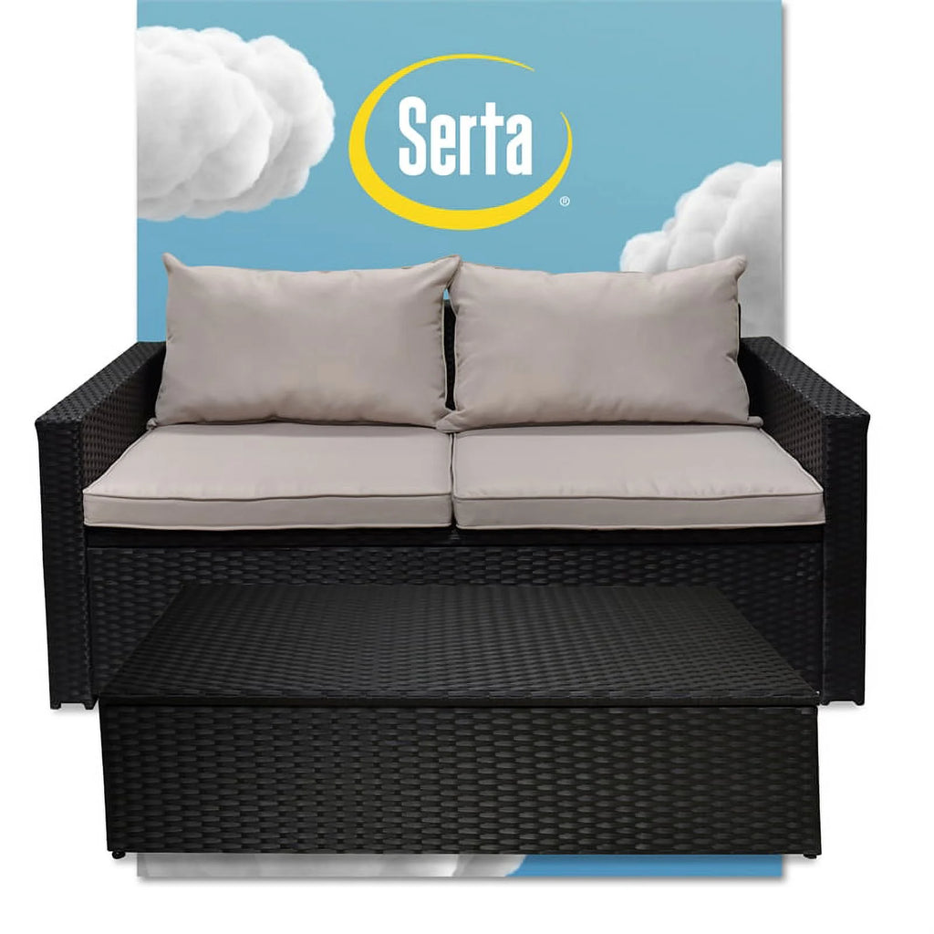 Black Wicker Outdoor Storage Sofa and Coffee Table L981473