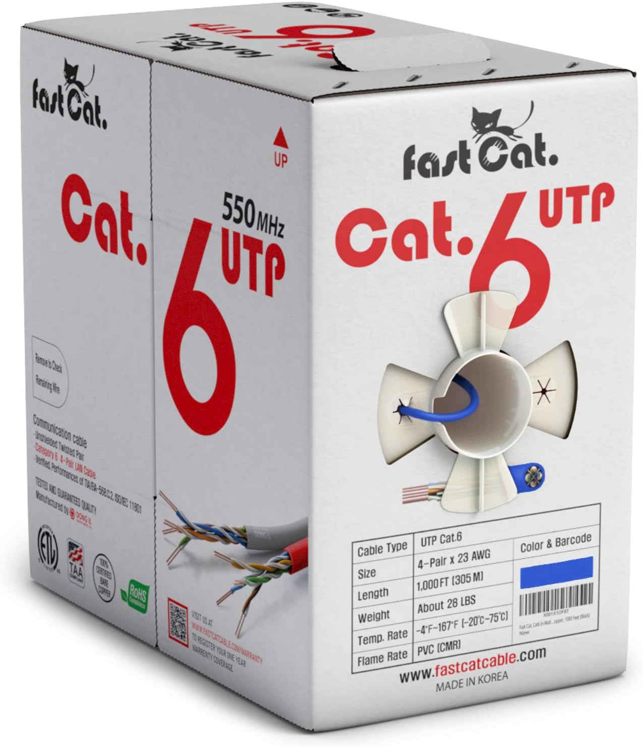 Cat6 Ethernet Cable 1000ft 23 AWG CMR Solid Bare Copper UTP LAN Cable White X8350