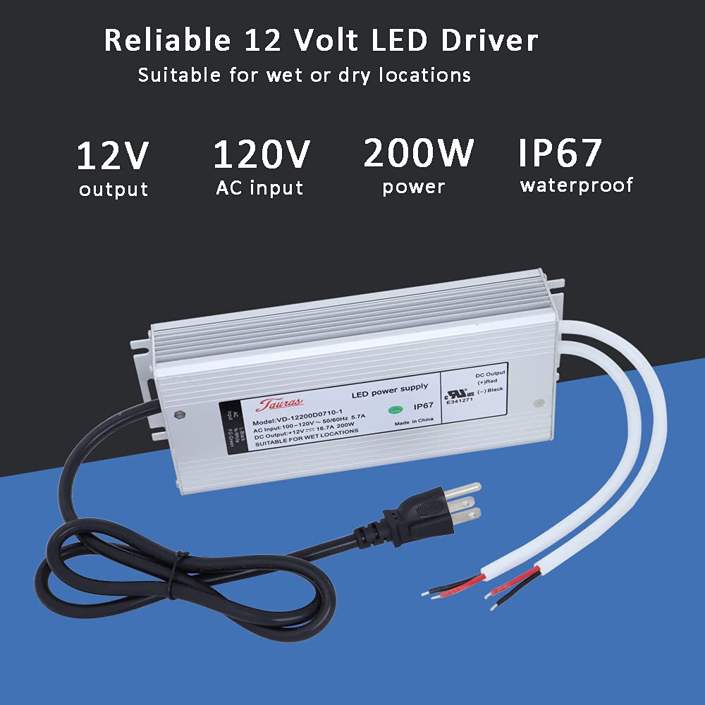 12V 200W Low Voltage Transformer IP67 Waterproof LED Driver Power Supply 200 Watts Adapter 110V AC to 12V DC Pack of 2 B261133