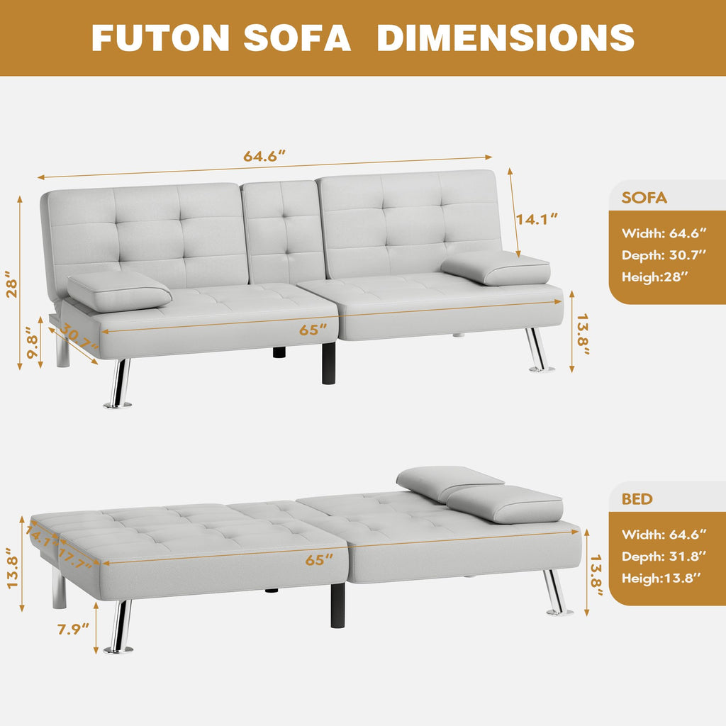 White Faux Leather Sofa Bed with Cup Holders K70293