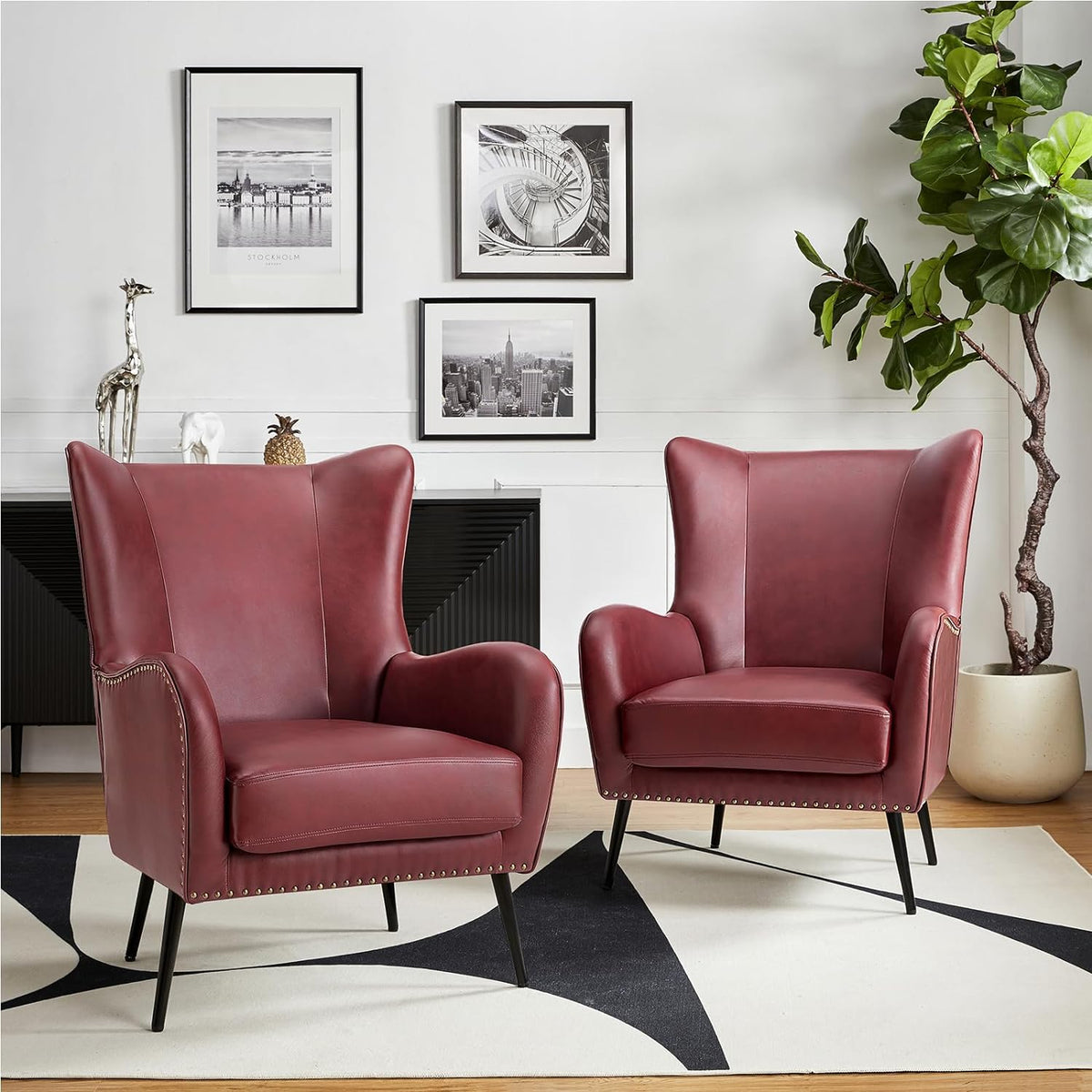 Burgundy Faux Leather Accent Chair Set of 2 with Removable Cushion G3074