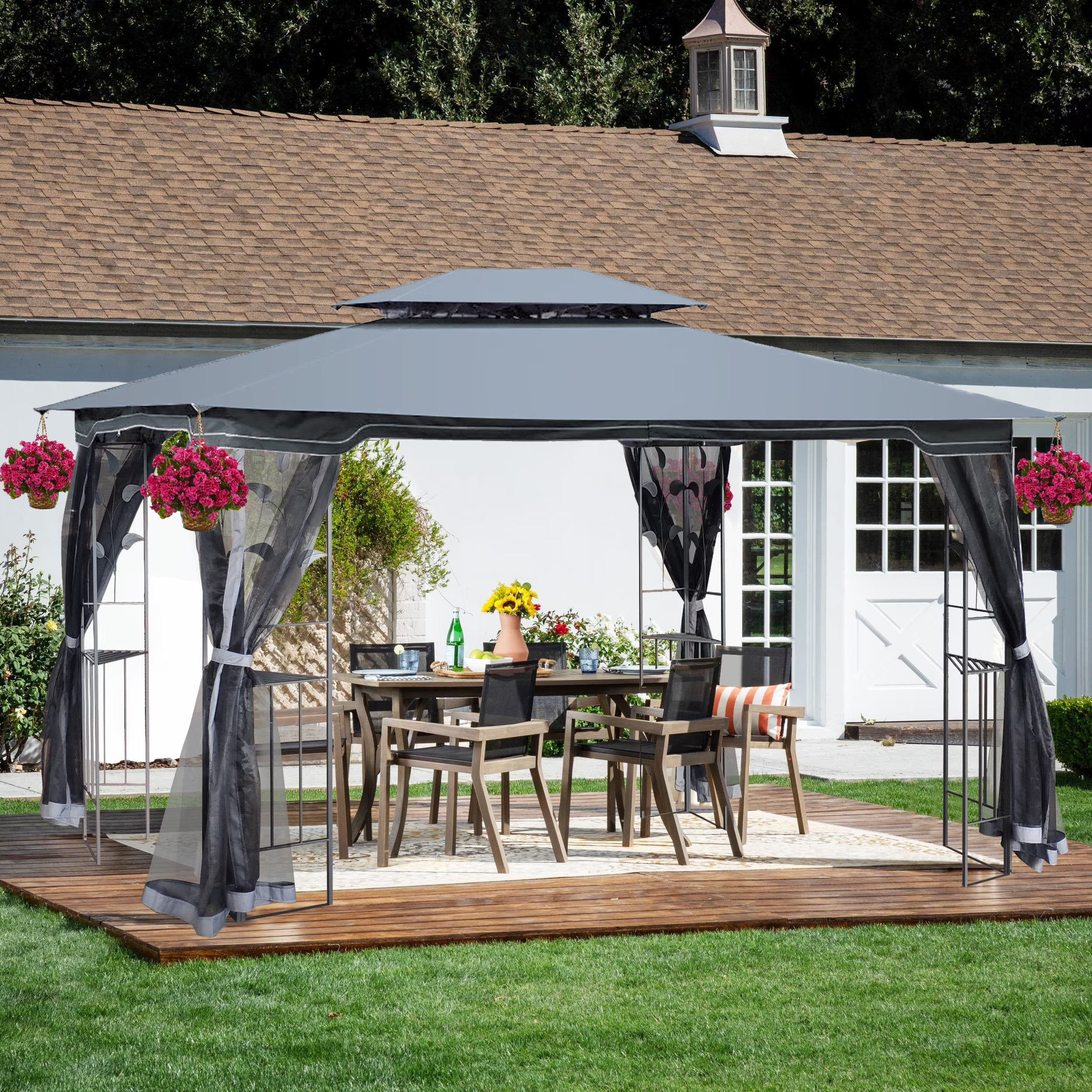 Gray Patio Gazebo Canopy Tent with Mosquito Net V11636