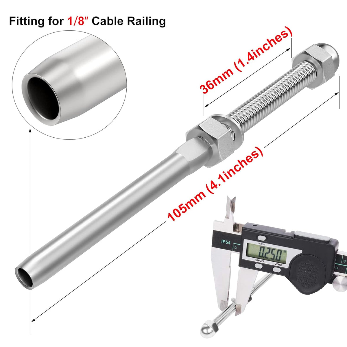 60 Pack T316 Stainless Steel Swage Threaded Stud Tension End Fitting for 1/8 Cable I5573