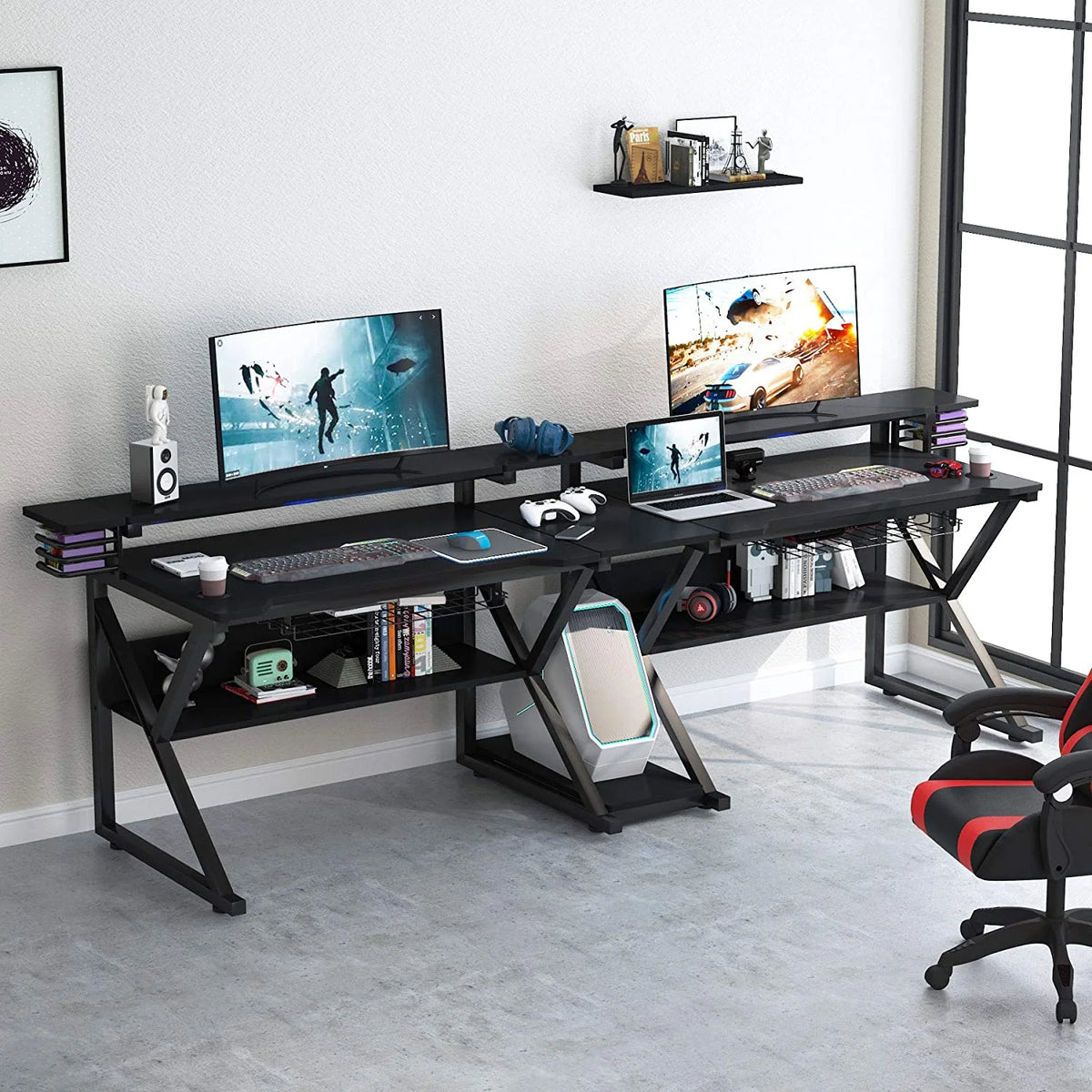 Double Gaming Desk with Hutch Monitor Stand Riser, 102-Inch Two Person Computer Desk with Storage Bookshelf B4359