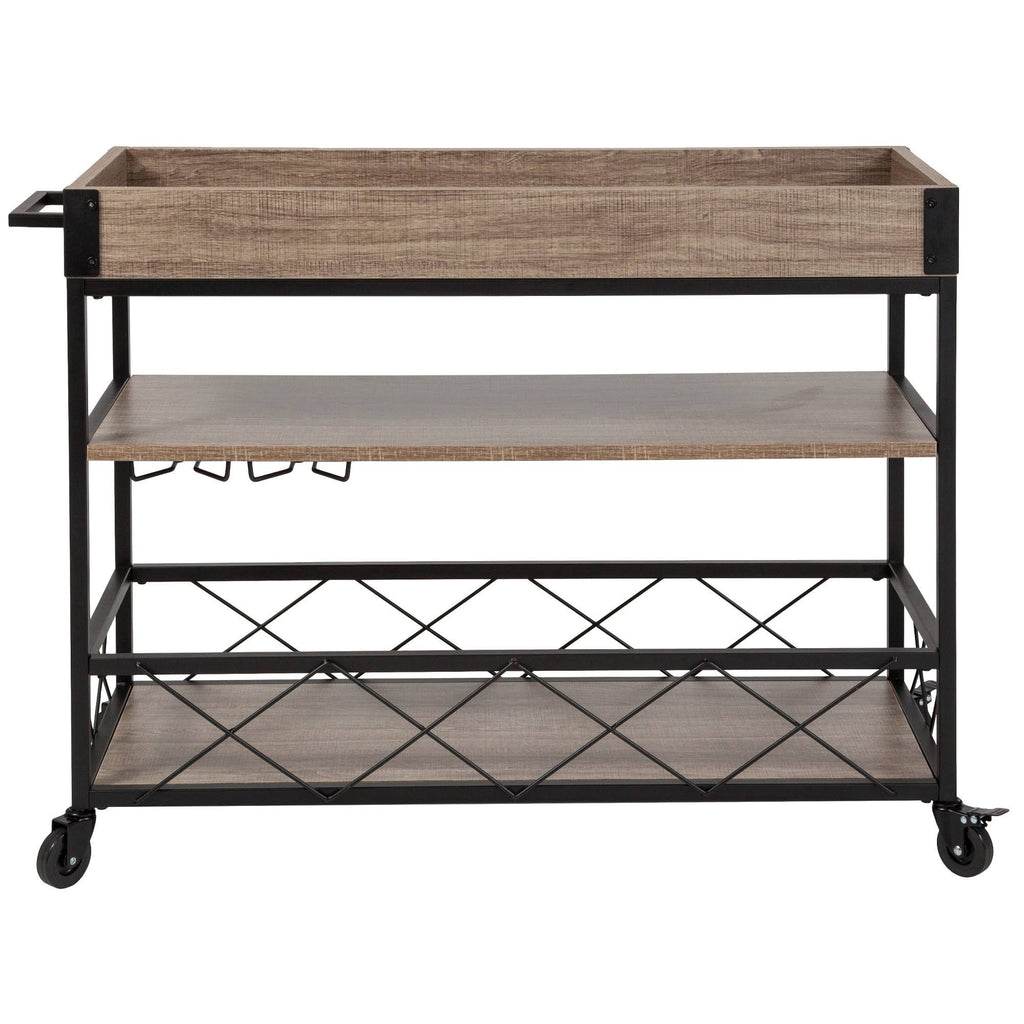 Light Oak Wood Kitchen Bar Cart with Stemware Rack and Locking Casters I6458