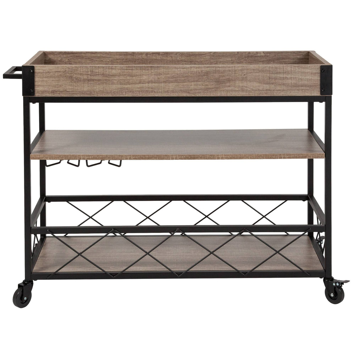 Light Oak Wood Kitchen Bar Cart with Stemware Rack and Locking Casters I6458