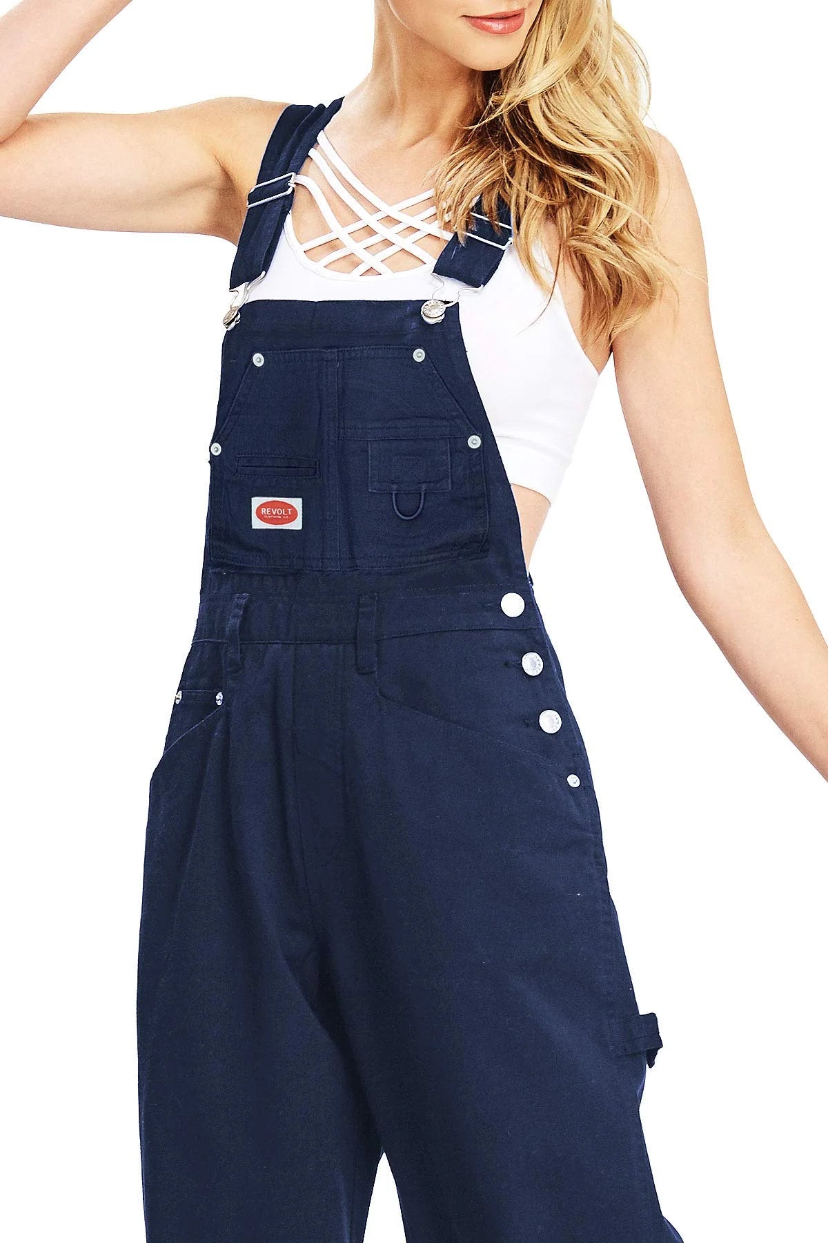 Navy Blue Baggy Straight Leg Twill Overalls Q11271