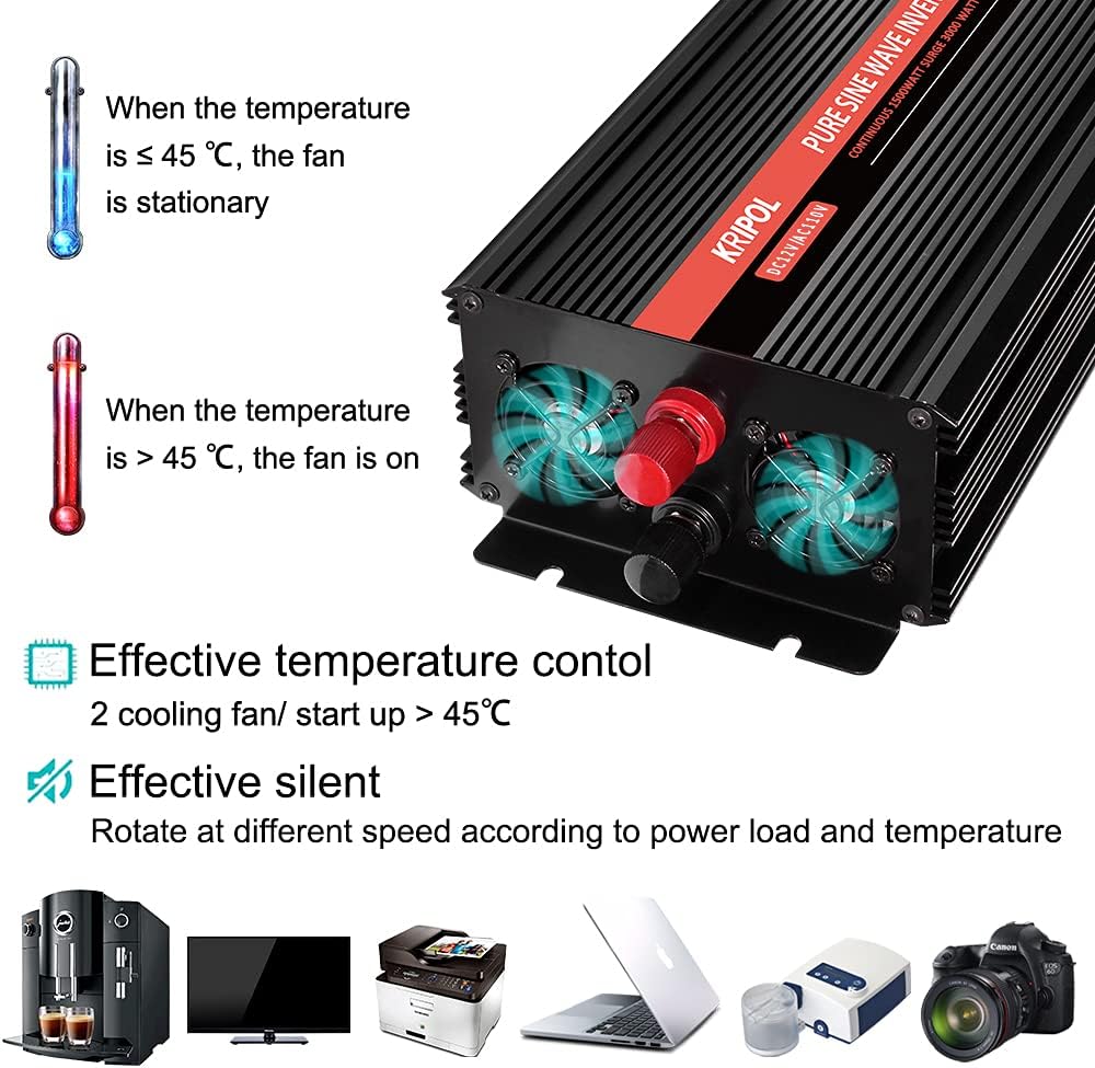 1500 Watt Pure Sine Wave Power Inverter 12V DC to 110V AC 60HZ with 4 AC Outlets and 1 USB Output L687162
