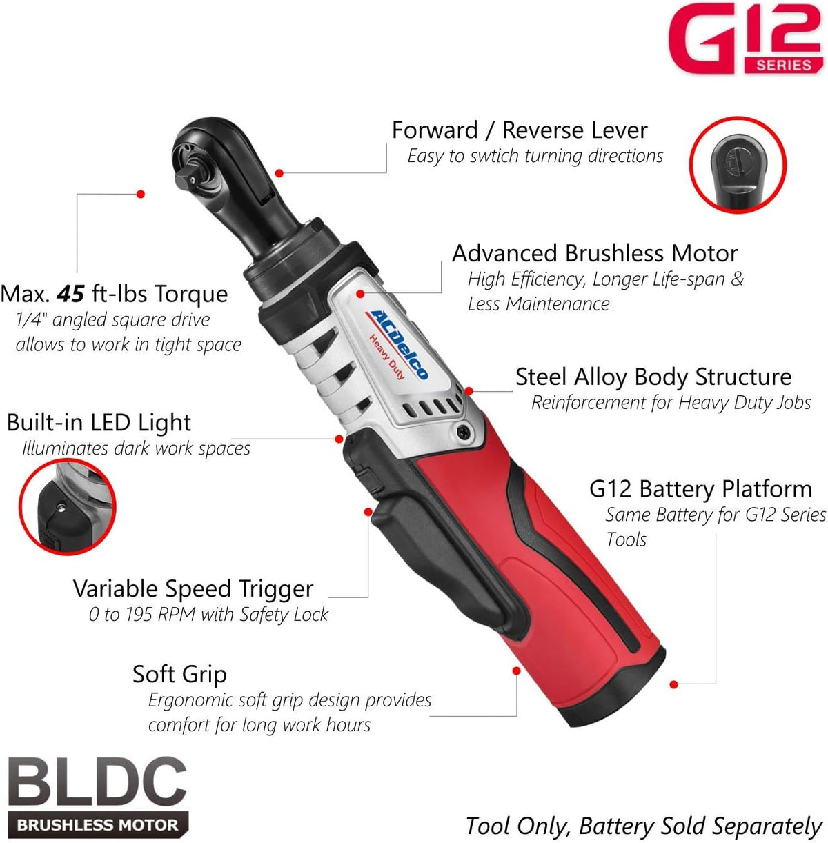 12V Cordless Li-ion 1/4” Brushless Ratchet Wrench X89396