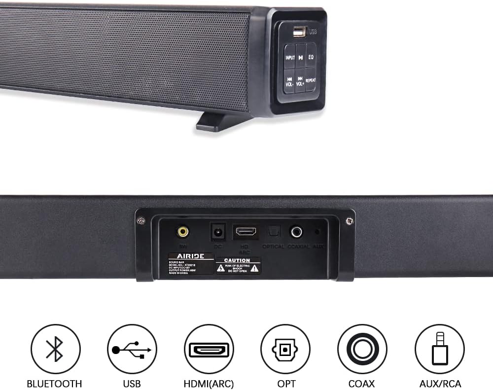 38.5” 2.1 CH Sound Bar with 5.25 inch Subwoofer, Bluetooth 5.0, HDMI(ARC), Optical, COAXIAL, AUX, RCA, USB, Black W2514