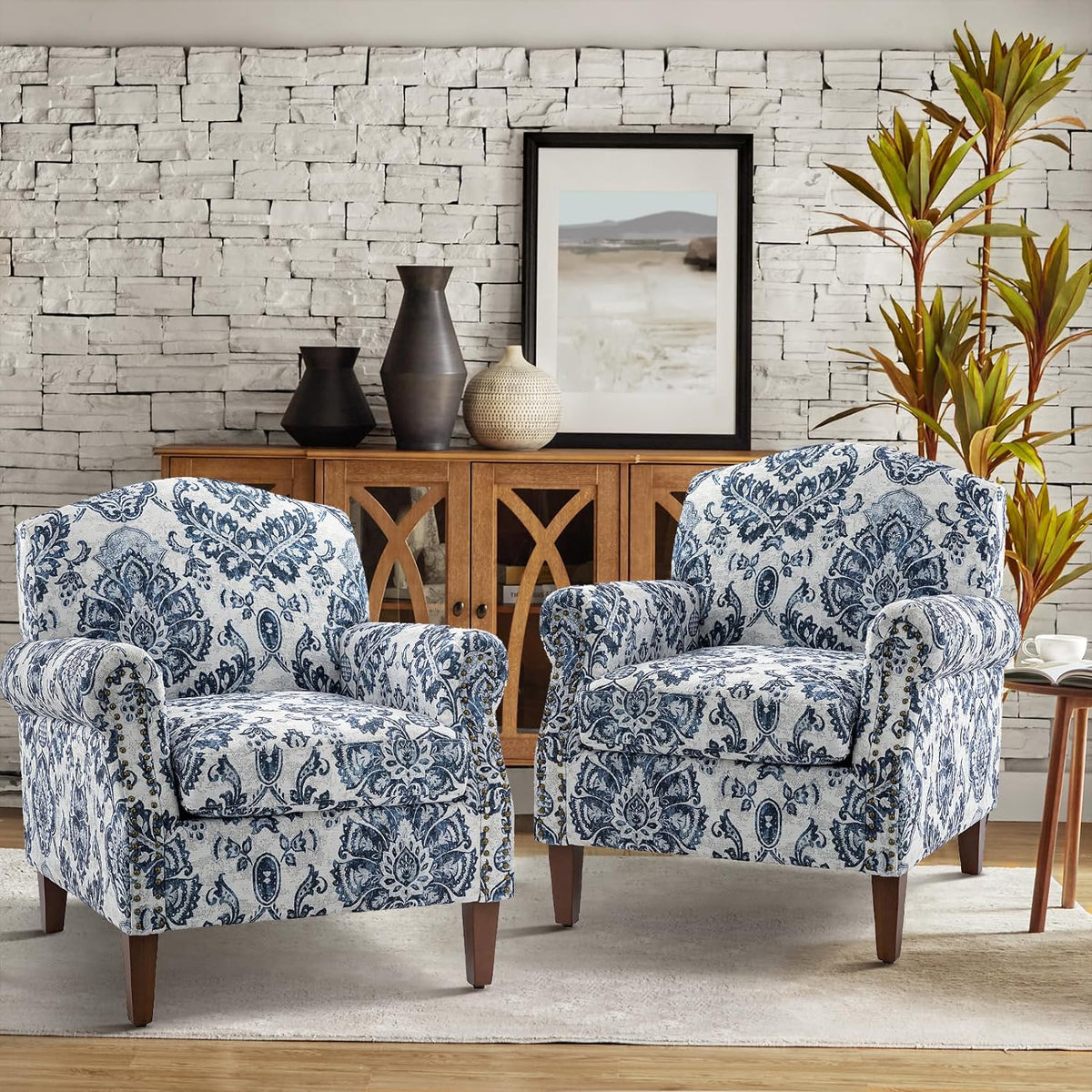 Navy Accent Chair with Wood Legs and Removable Cushion H8112