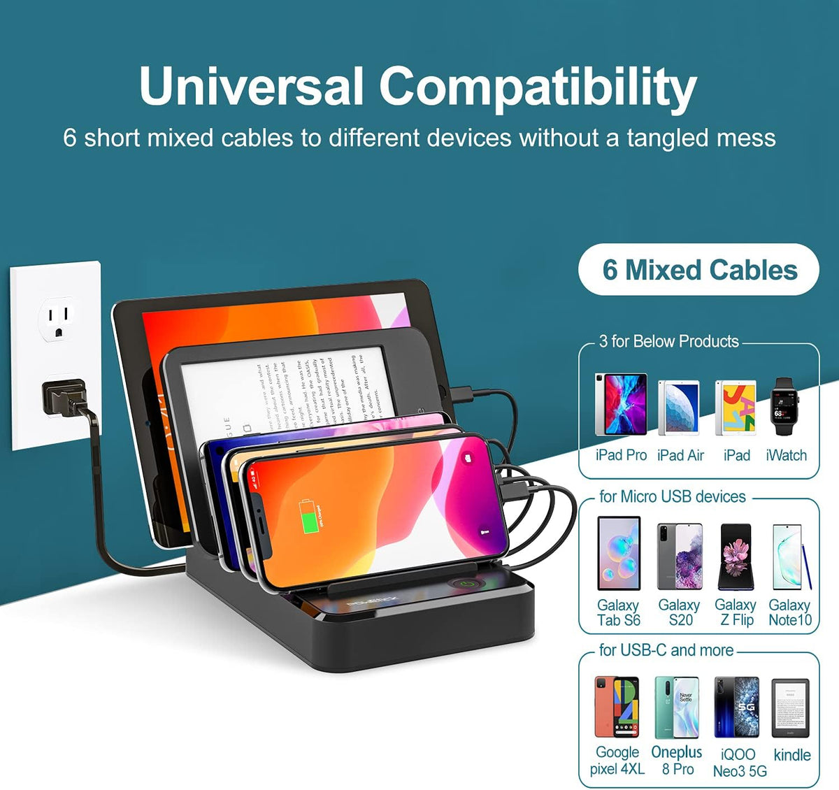 5 Ports Charging Station with 6 Mixed Charging Cables, Pack of 2 T818
