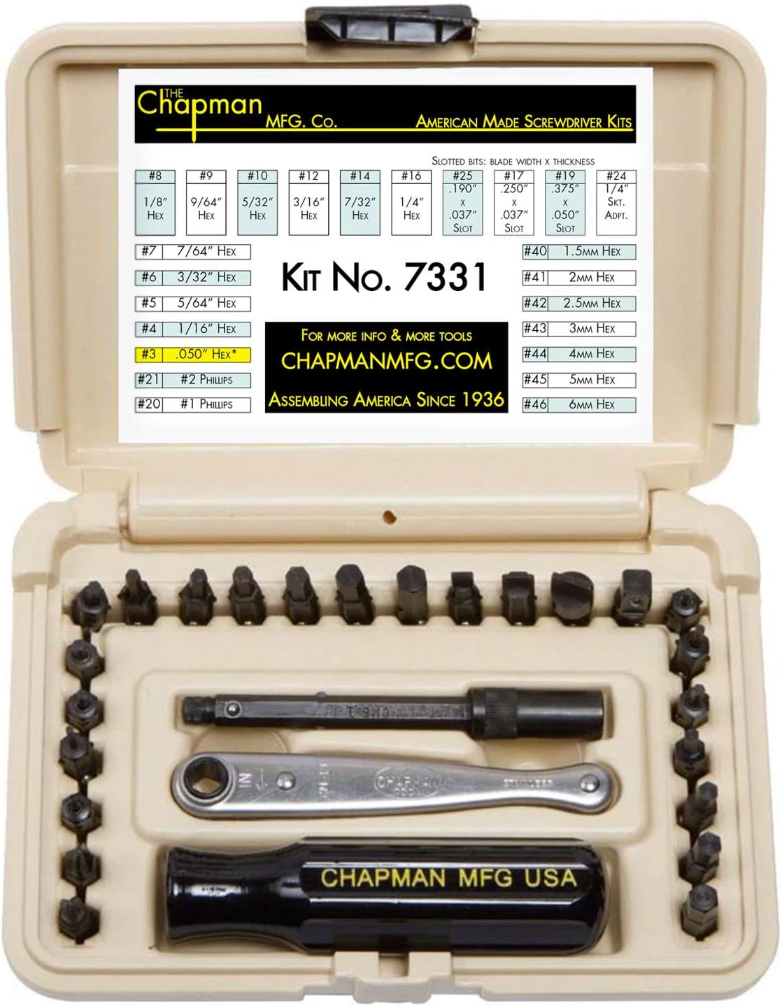 24 USA Made Insert Bits Screwdriver Set with Mini Ratchet Hand Tool A254698