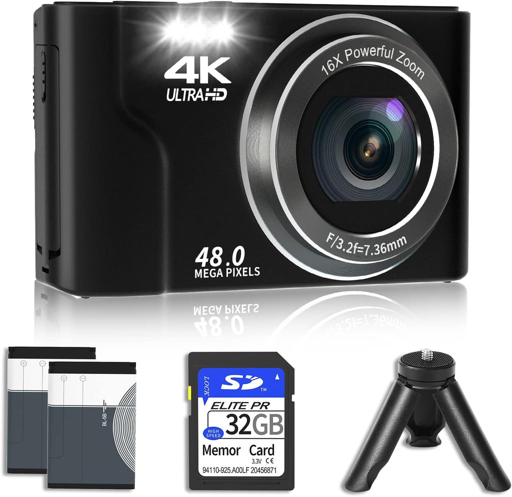 4K 48MP Mini Digital Camera with 2 Batteries, 32GB SD Card, Tripod, Black, Pack of 2 G835