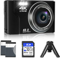 4K 48MP Mini Digital Camera with 2 Batteries, 32GB SD Card, Tripod, Black, Pack of 2 G835
