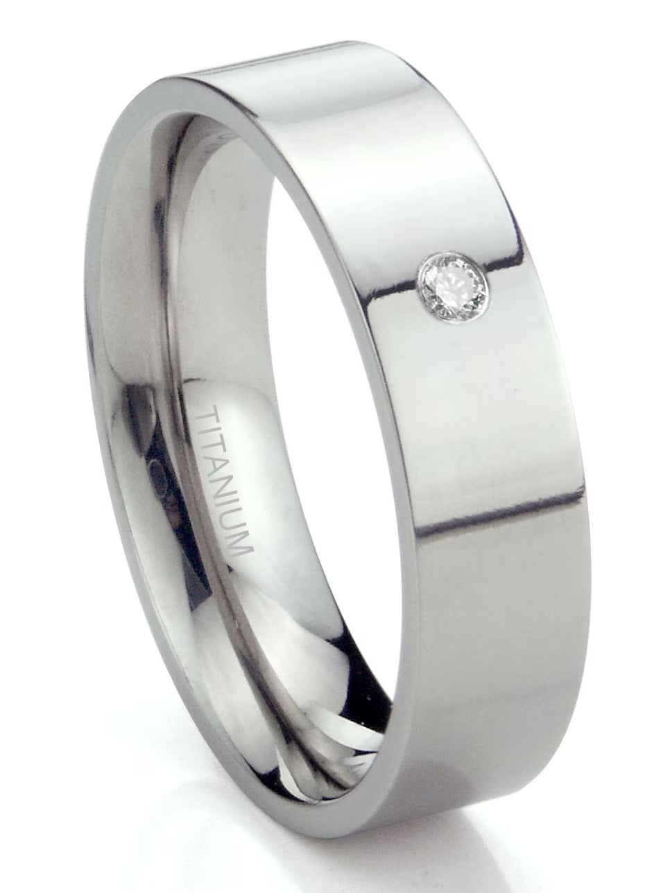 Titanium 6mm Solitaire Diamond High Polish Flat Comfort Fit Mens Wedding Band Ring Sz 10.0 X9755