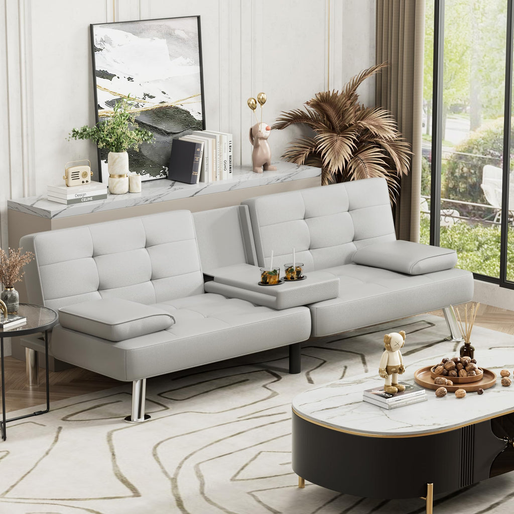 White Faux Leather Sofa Bed with Cup Holders K70293