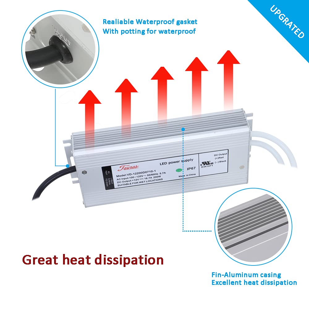 12V 200W Low Voltage Transformer IP67 Waterproof LED Driver Power Supply 200 Watts Adapter 110V AC to 12V DC Pack of 2 B261133