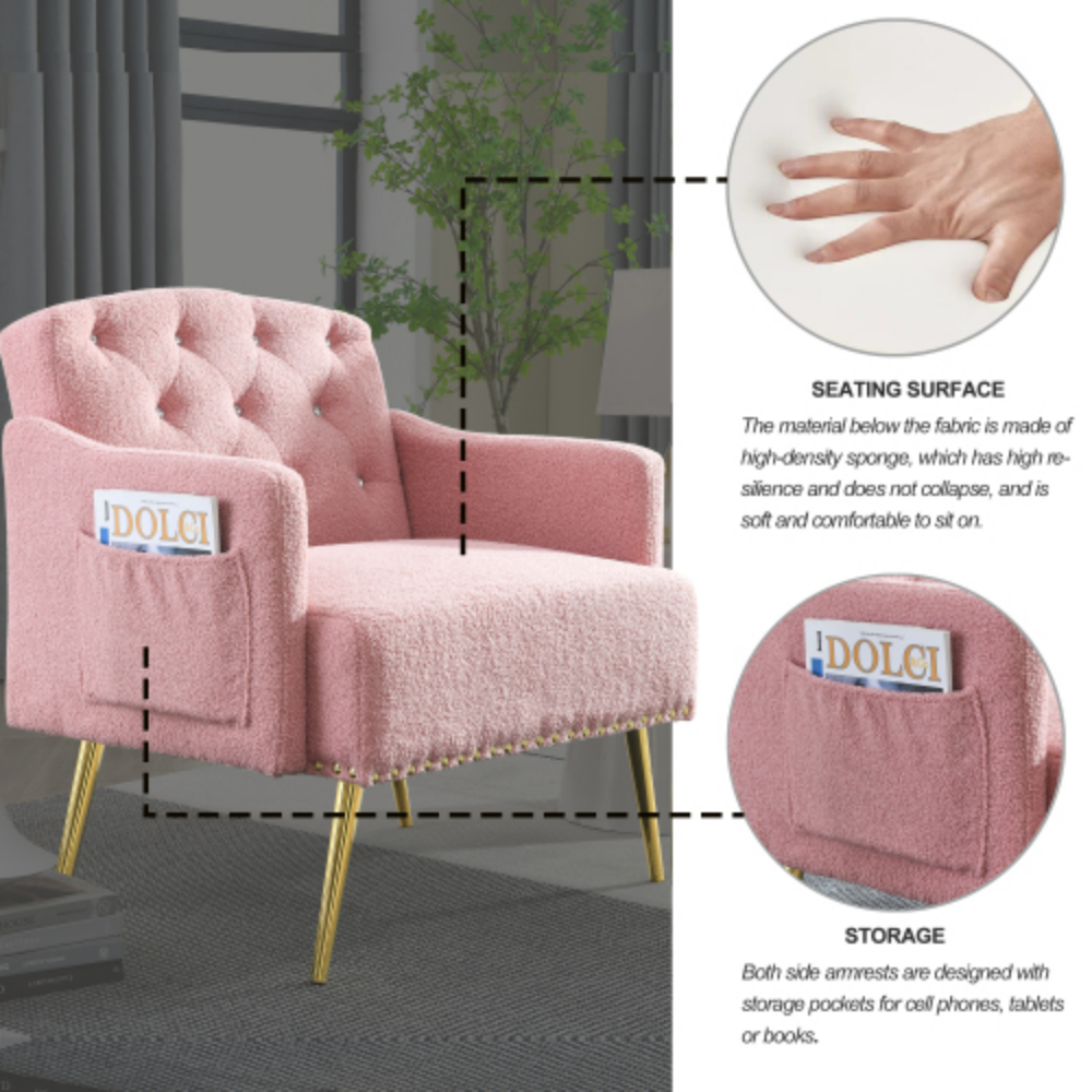 Pink Teddy Upholstered Chesterfield Chair with Gold Hardware Legs J96052