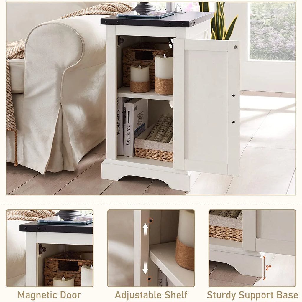 White Farmhouse Wood Nightstand with Charging Station Z30724